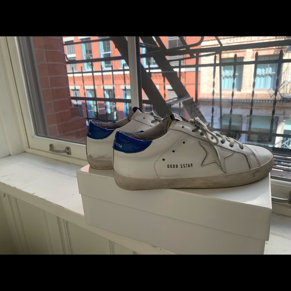 Golden Goose Super-Star sneakers white leather star and glossy blue heel tab